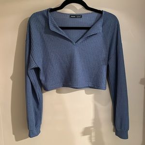 Long-sleeved Blue Waffle Crop Top